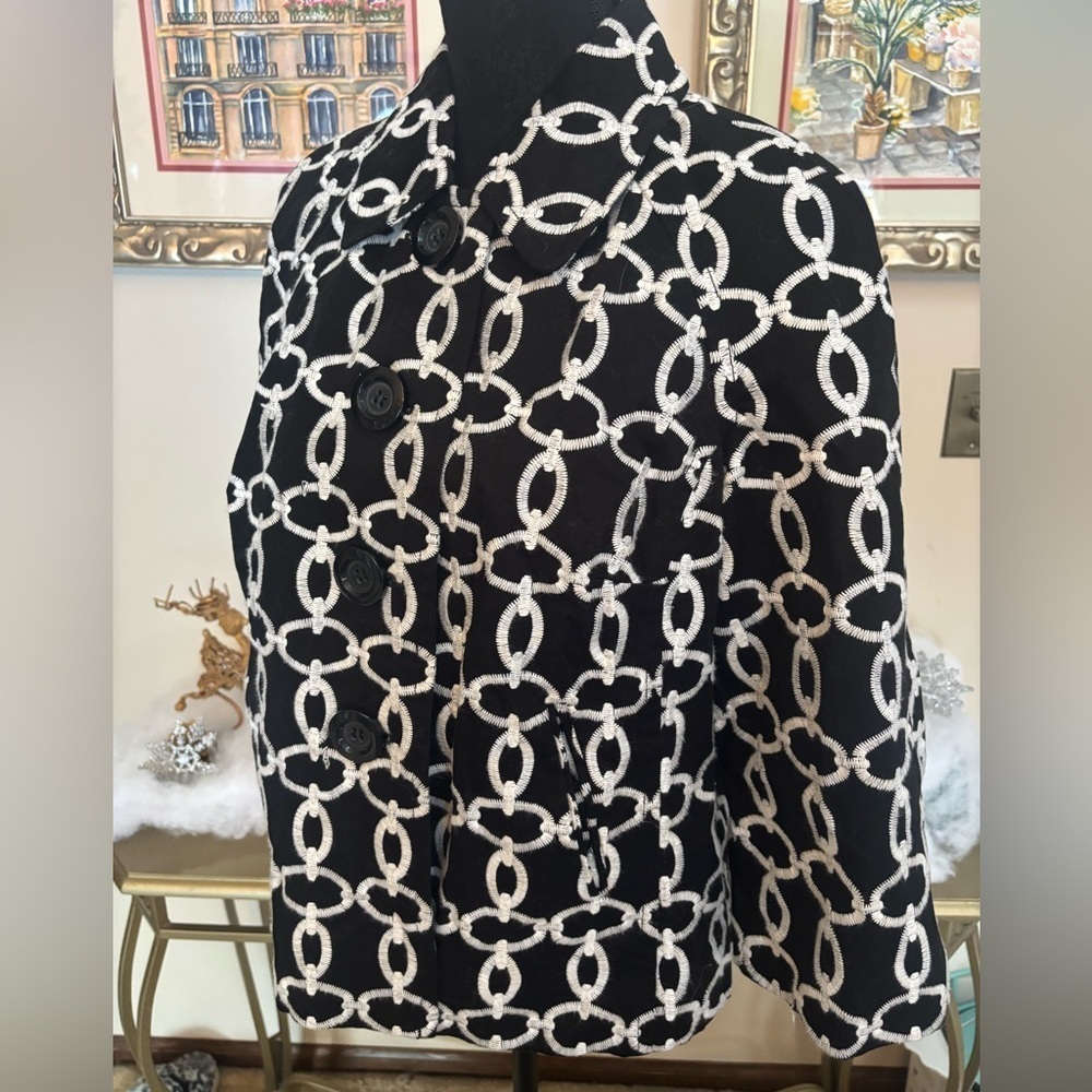 INC International Concepts Black and White Embroidery Cropped Blazer Jacket Sz L - Picture 3 of 6